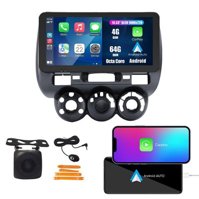CarPlay Android Auto Navigation Stereo GPS Radio Camera Display 10.33" QLED Touchscreen Headunit Tablet Media Player for Honda Fit Jazz 2001-2008RHD, if Applicable Octa Core 4G+64G