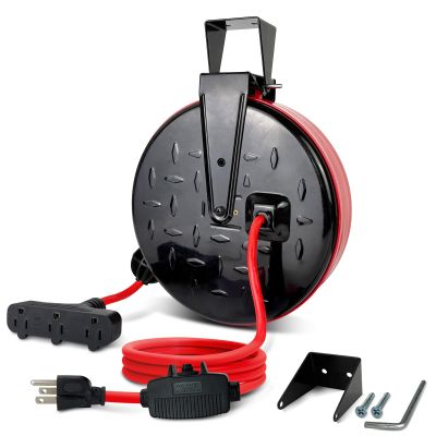 GREATIDE 30 Ft Retractable Extension Cord Reel, 16/3 SJTW Power Cord with 3 Electrical Outlets and 10 Amp Circuit Breaker, Ceiling or Wall Mount, Metal Plate, UL Listed, Red