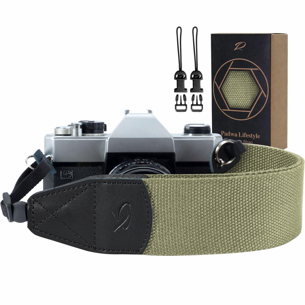 Padwa Lifestyle Light Green Camera Strap - 2" Wide Cotton Woven Genuine Leather Head Camera Straps,Complimentary 2 Pcs Quick Release Clips for All DSLR/SLR Cameras, Binoculars and Drone Remote Control