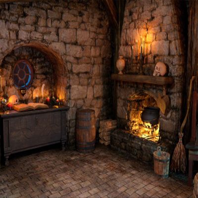BELECO 10x8ft Fabric Spooky Witch Cottage Backdrop Halloween Magic Room Witch Kitchen Fireplace Magical Potion Books Candle Skulls Sorcerer Photography Background Witch Party Decorations Photo Props