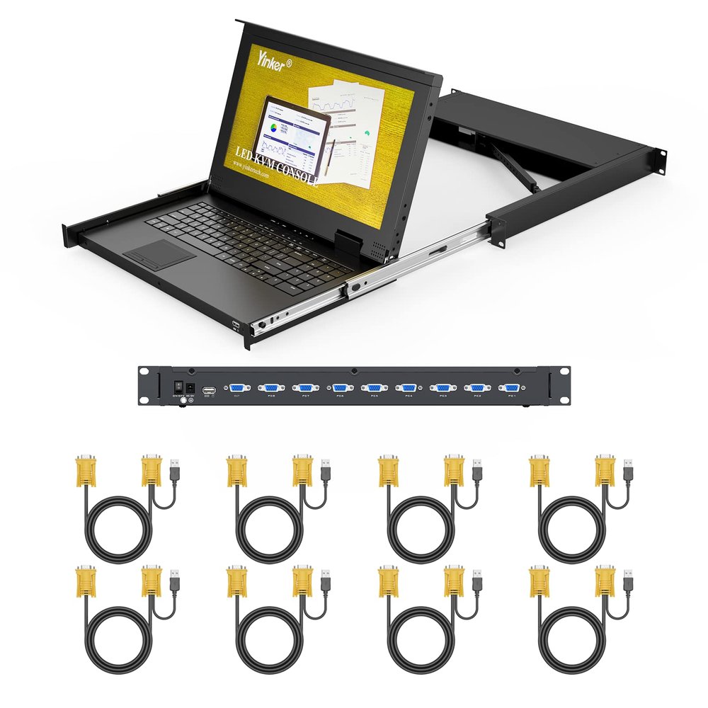 Yinker 8 VGA Port Rack Mount LCD KVM w/15.6 inch Monitor, LCD KVM Console for 1U 19'' Rack 600-800mm Network Server Cabinet + Keyboard TouchPad + 8 Pack Cables