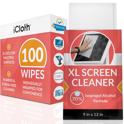 iCloth XL Screen Cleaning Wipes, Lint-Free and Streak-Free, Fast-Drying, Removes Dust, Fingerprints, and Smudges (100 XL Wipes)