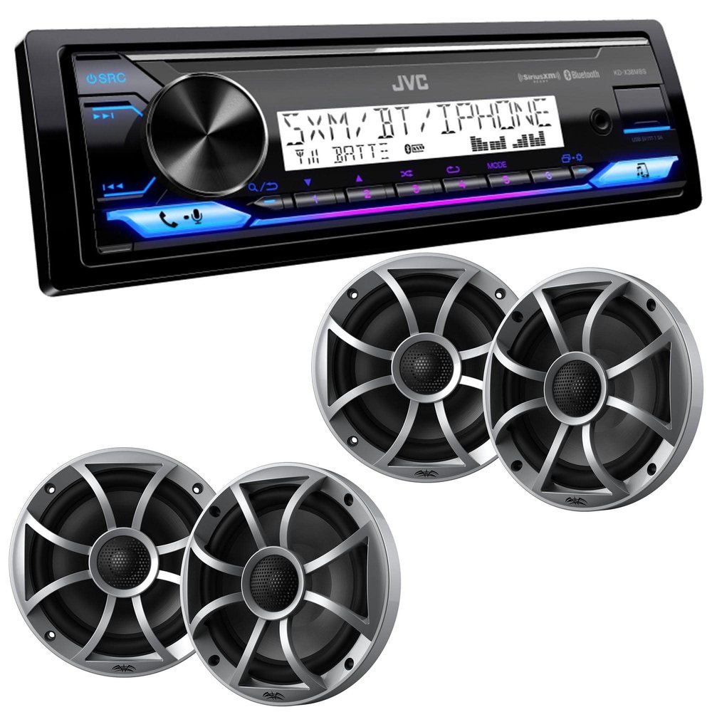 JVC KD-X38MBS Marine Digital Media Receiver with Bluetooth, USB, SiriusXM Ready, Conformal Coated PCB with 2 Pairs Wet Sounds RECON6-S 6.5" Marine Coax Speakers
