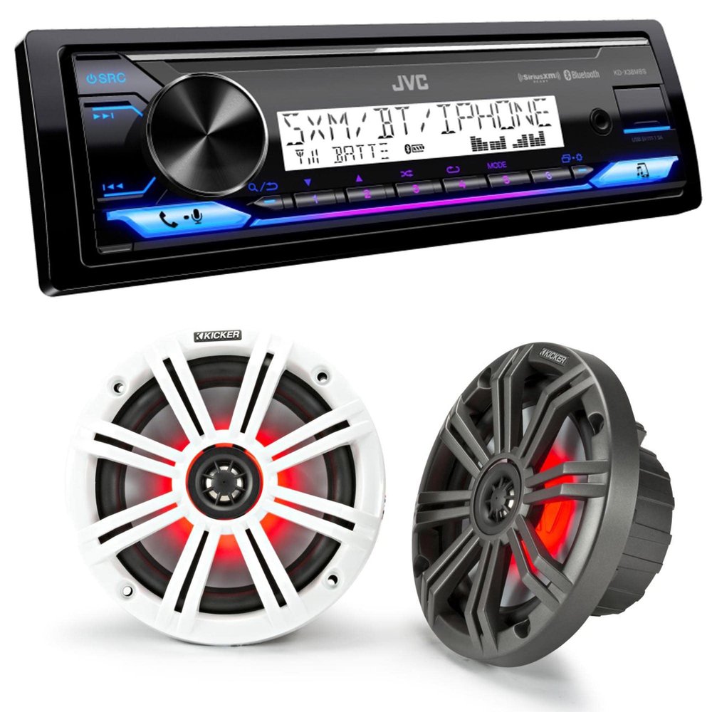 JVC KD-X38MBS Marine Digital Media Receiver with Bluetooth, USB, SiriusXM Ready, Conformal Coated PCB with 1 Pair KM654L 6.5" Marine Coax Speakers w/RGB Lighting