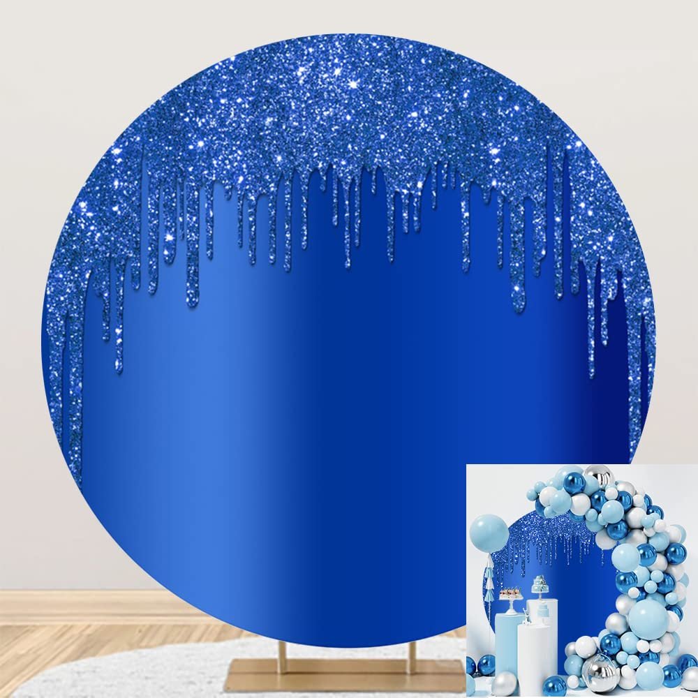 OERJU 6.5x6.5ft Royal Blue Glitter Round Backdrop Luxurious Blue Sequins Deluxe Drippy Photography Background Circle Backdrop Cover for Birthday Baby Shower Party Decoration Photo Booth Props