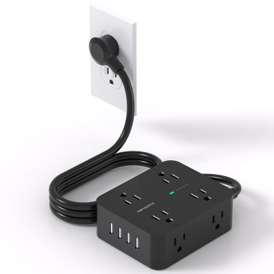 HANYCONY Power Strip Surge Protector, 5 Ft Exetnsion Cord with Multiple Outlets, Outlet Extender with 4 USB Ports, Flat Plug, Wall Mount for Home Office Dorm Room Essentials, ETI Listed, Black