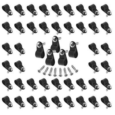 Suiwotin 60pcs 3/8 Inch Nylon Cable Clamps, R-Type Wire Cable Clips with M4 Screws, Screw Mounting Cord Fastener Wire Conduit Clamp for Wire Management (Black)