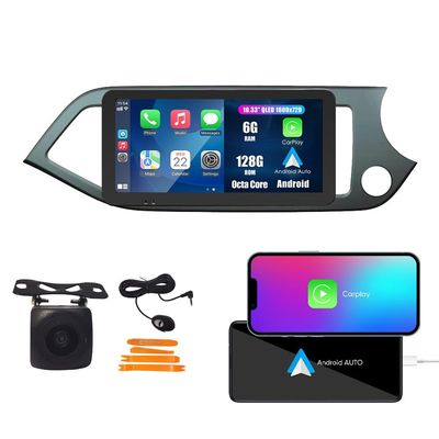 Octa Core 6G+128G CarPlay Android Auto Navigation Stereo GPS Radio Reverse Camera Display 10.33" QLED Touchscreen Headunit Tablet Pad Media Player for Kia Picanto Morning 2011-2016 RHD, if Applicable