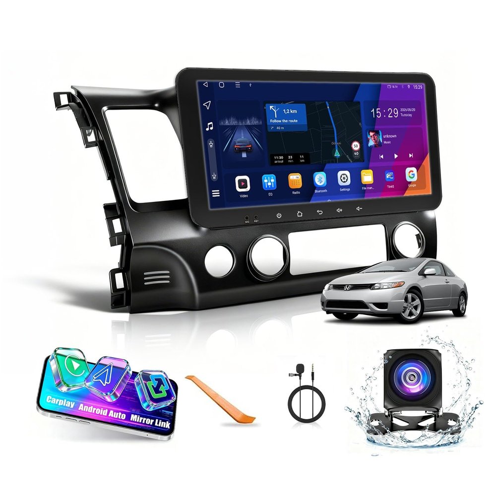 Kunfine Car CarPlay Android Auto Navigation Stereo GPS Radio Reverse Camera Display 10.33" QLED Touchscreen Headunit Tablet Pad Media Player for Honda Civic 2006-2011, if Applicable Octa Core 6G+128G