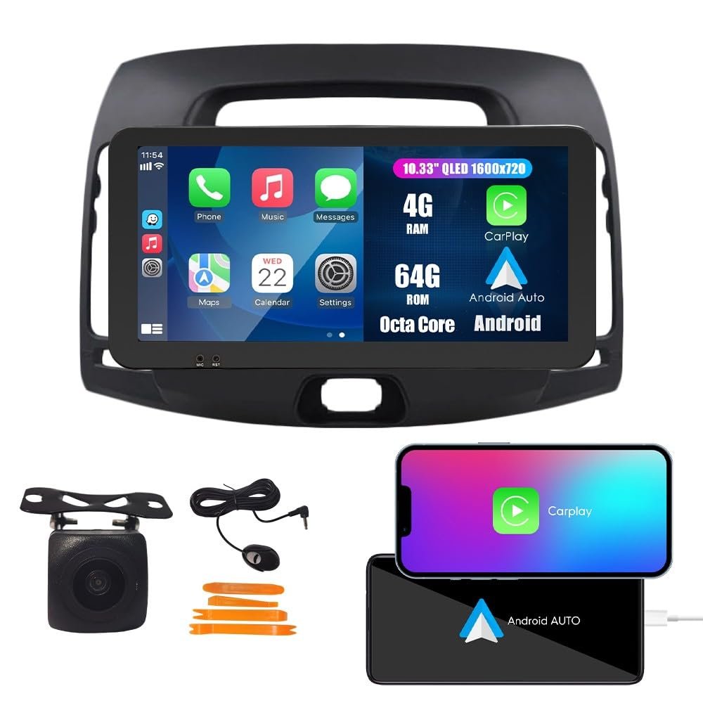 CarPlay Android Auto Navigation Stereo GPS Radio Reverse Camera Display 10.33" QLED Touchscreen Headunit Tablet Pad Media Player for Hyundai Elantra 2007-2010, if Applicable Octa Core 4G+64G