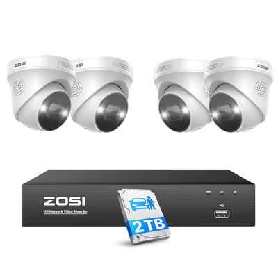 ZOSI 4K Spotlight PoE Security Camera System with Person Vehicle Detection,2 Way Audio,Color Night Vision,8 Port 16CH 8MP NVR with 2TB HDD,4pcs 5MP Outdoor PoE IP Cameras for Home 24/7 Recording
