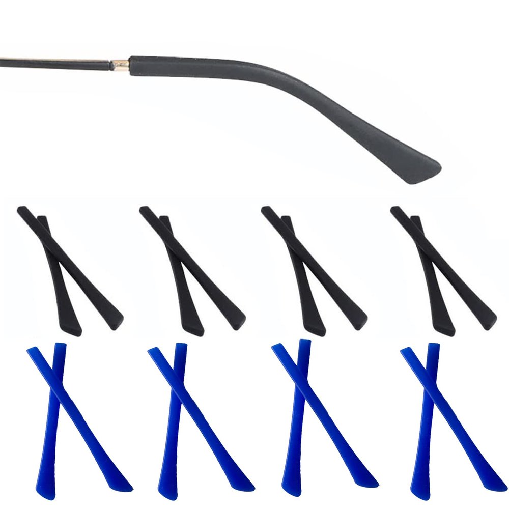 OPUGIT 8 Pairs Eyeglass Replacement Temples, Silicone Eyeglass End Tips Ear Sock Pieces Tube Sleeve for Thin Metal Eyeglass Legs,Black/Blue