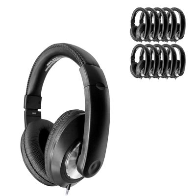 HamiltonBuhl SmartTrek Deluxe OverEar Headphones 50Pack, InLine Volume Control, 3.5mm TRS Plug, Leatherette Cushions, Durable DuraCord, Adjustable Headband  Black (ST1BK)