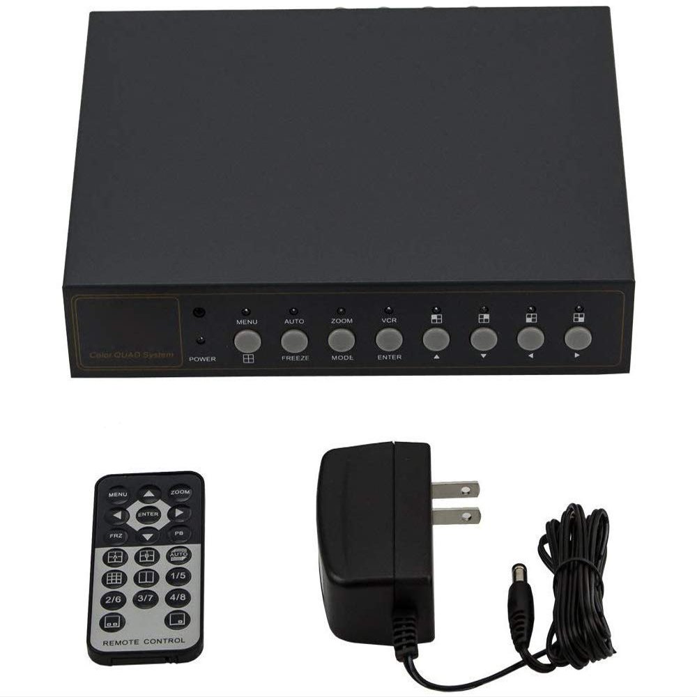 4CH Video Quad Multiplexer with Loopout, Remote Control and Free 1 Amp Power Adapter for CCTV Surveillance System and Home Secruity