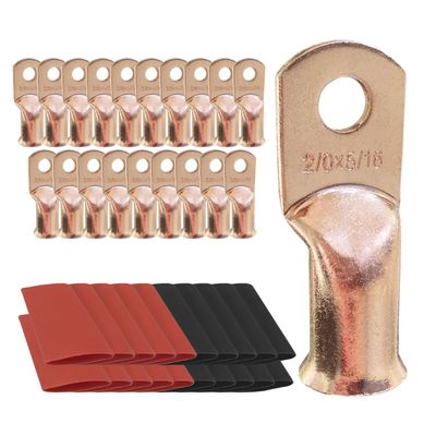 10pcs 2/0 AWG-5/16 Ring Battery Lugs, Copper Lugs, Battery Cable Ends, Tubular Ring Terminals, Crimp Wire Ring Lugs, Battery Terminal Connectors with Heat Shrink Tubing (10, 2/0 Awg - 5/16" (M8) Ring)