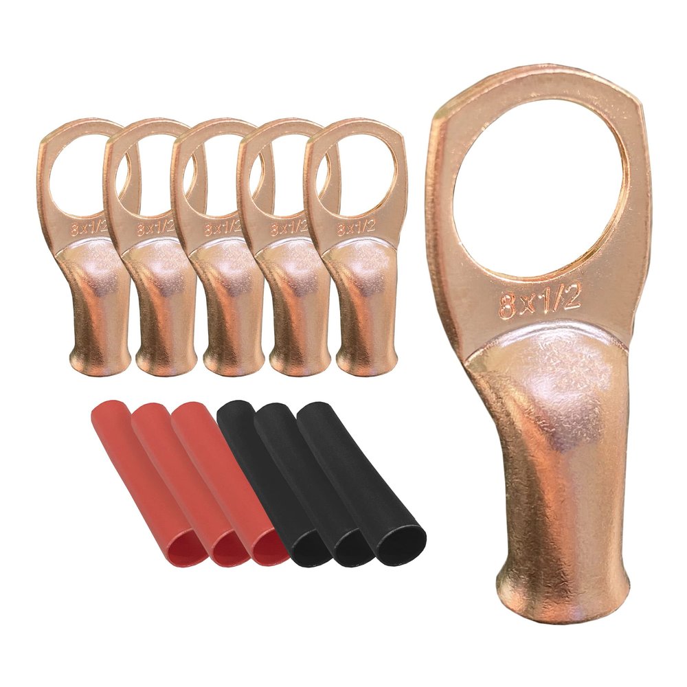 20pcs 8 AWG-1/2 Ring Battery Lugs, Copper Lugs, Battery Cable Ends, Tubular Ring Terminals, Crimp Wire Ring Lugs, Battery Terminal Connectors with Heat Shrink Tubing (20, 8 Awg - 1/2" (M12) Ring)