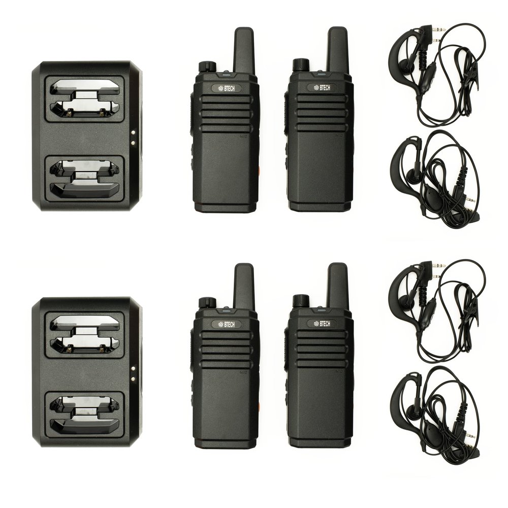 BTECH FRS-B1 4 Pack FRS Business, Adult Walkie Talkies, NOAA, High Output Two-Way Radio. Full Kit with Earpiece Kit, Holsters, Desktop Charger, Built in Flashlight, NOAA, and More