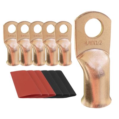 10pcs 4/0 AWG-1/2 Ring Battery Lugs, Copper Lugs, Battery Cable Ends, Tubular Ring Terminals, Crimp Wire Ring Lugs, Battery Terminal Connectors with Heat Shrink Tubing (10, 4/0 Awg - 1/2" (M12) Ring)