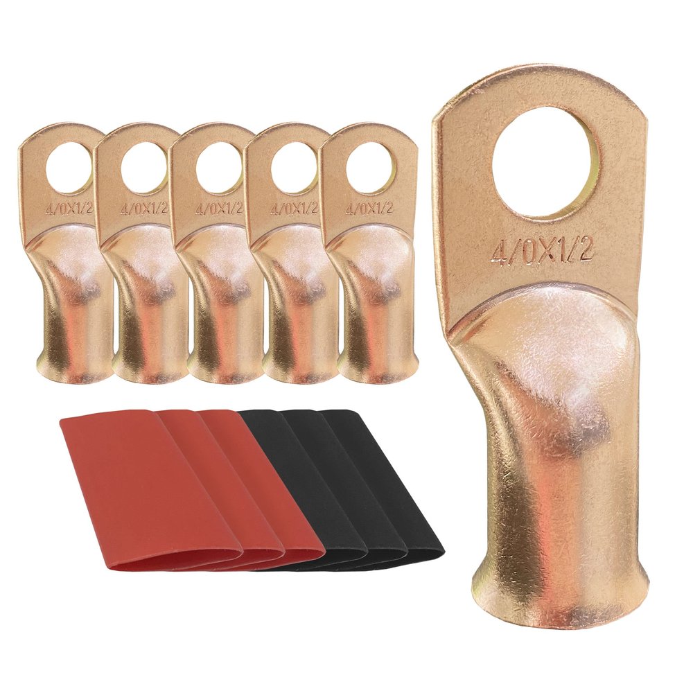 10pcs 4/0 AWG-1/2 Ring Battery Lugs, Copper Lugs, Battery Cable Ends, Tubular Ring Terminals, Crimp Wire Ring Lugs, Battery Terminal Connectors with Heat Shrink Tubing (10, 4/0 Awg - 1/2" (M12) Ring)
