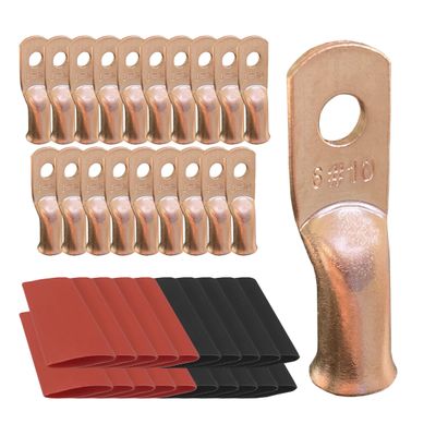 20pcs 6 AWG-#10 Ring Battery Lugs, Copper Lugs, Battery Cable Ends, Tubular Ring Terminals, Crimp Wire Ring Lugs, Battery Terminal Connectors with Heat Shrink Tubing (20, 6 Awg - #10 (M5) Ring)