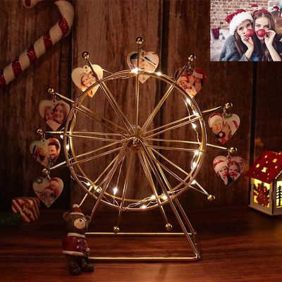 Spinning Ferris Wheel with Personalized 1-12 Heart Photo Custom Metal Desktop Picture Frame with LED Light for Home Dcor Christmas Birthday Gifts (Gold)