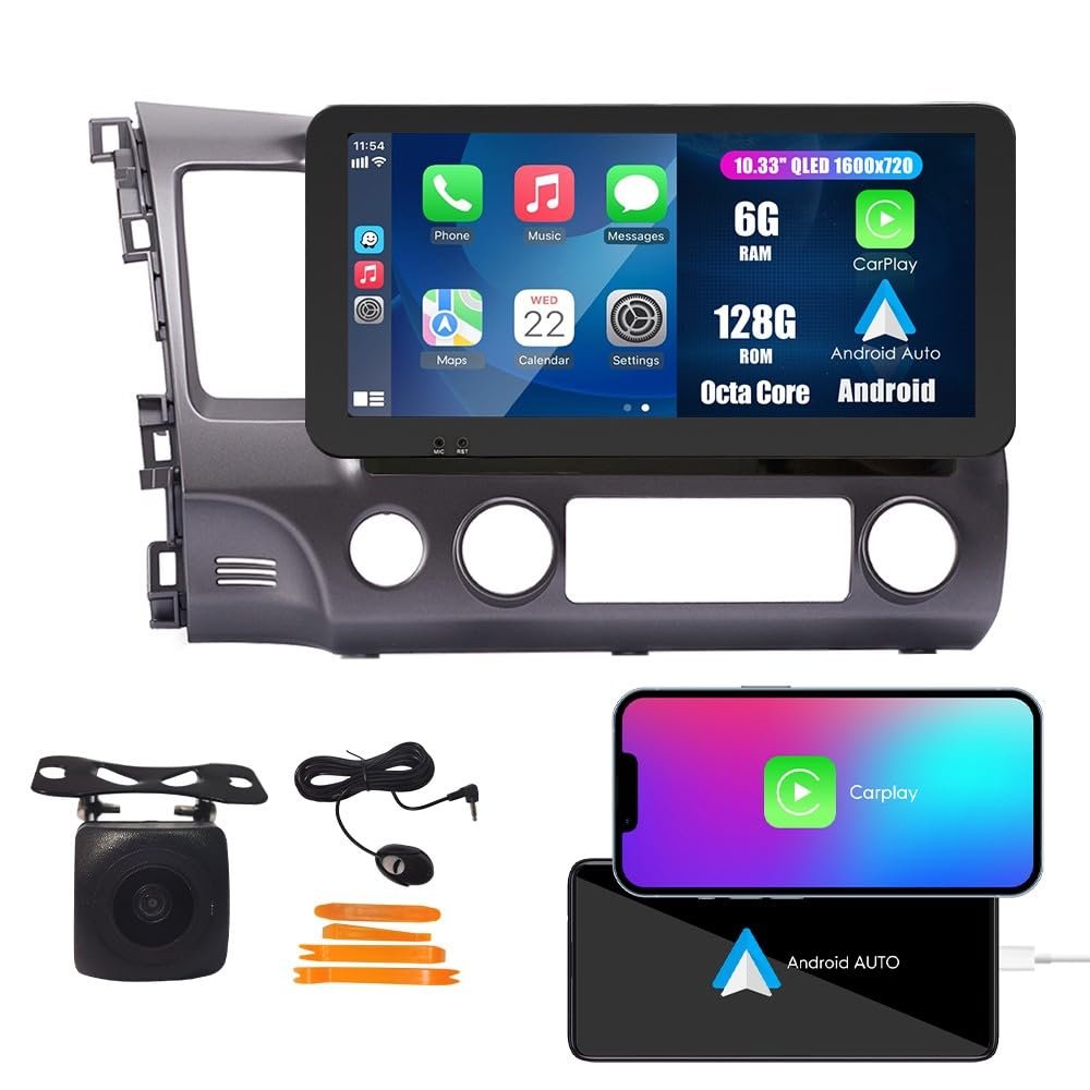 Wostoke Car CarPlay Android Auto Navigation Stereo GPS Radio Reverse Camera Display 10.33" QLED Touchscreen Headunit Tablet Pad Media Player for Honda Civic 2004-2011, if Applicable Octa Core 6G+128G