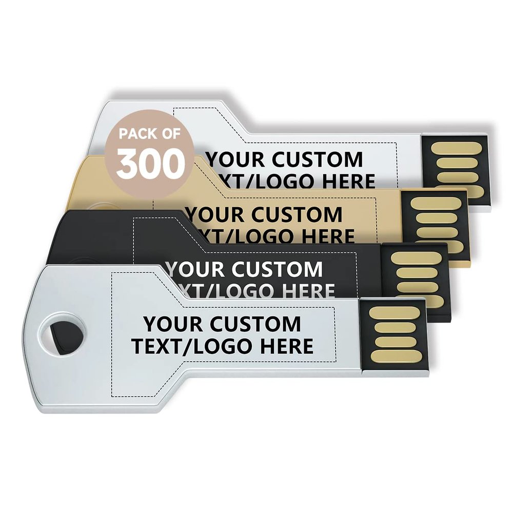 Paintechz Custom Key USB Flash Drives 300 Pack, Personalized Logo Bulk - as Corporate Gifts and Promotional Giveaways - 512MB