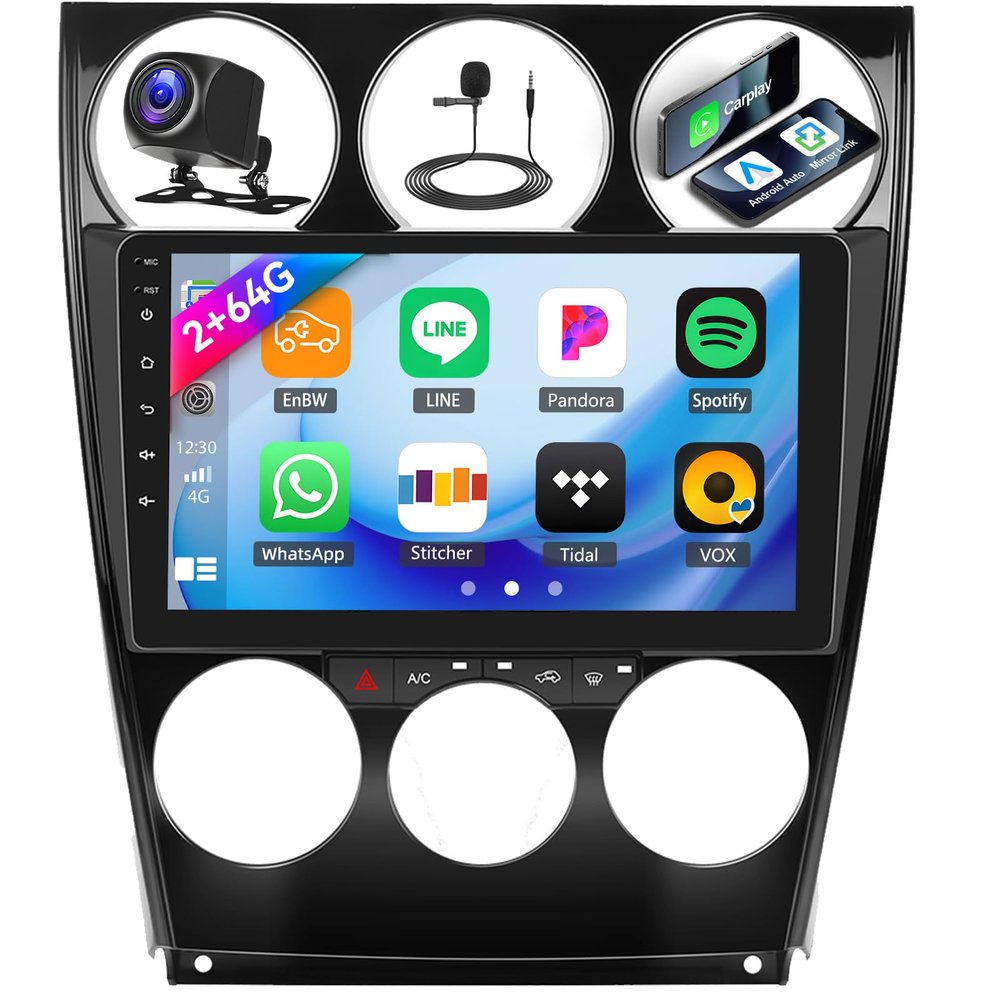 [2+64G] Car Stereo Radio for Mazda 6 Atenza 2002-2008 with Wireless Carplay&Android Auto,9 Inch Touch Screen Android 13 Car Radio with Bluetooth FM/RDS Radio WiFi GPS Navigation SWC+AHD Backup Camera