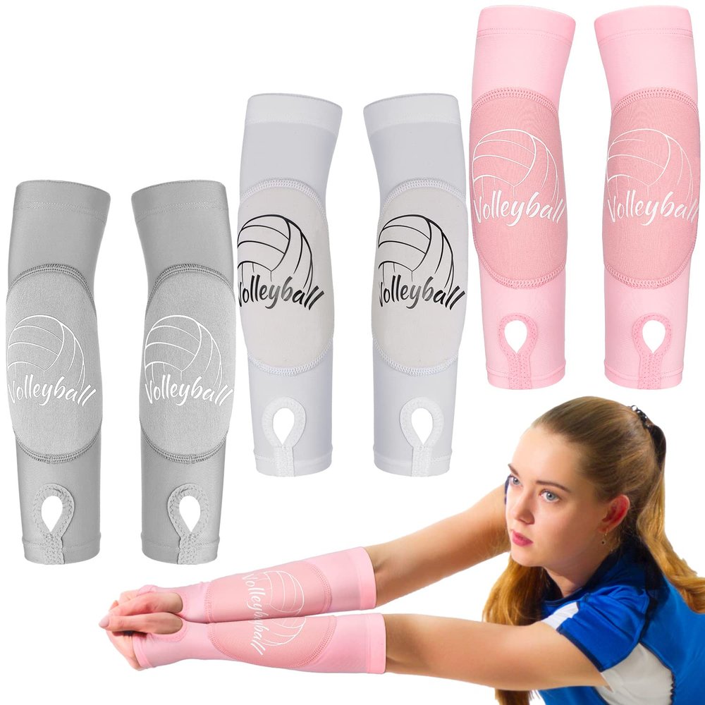 Yinder 3 Pairs Sports Volleyball Arm Sleeves for Youth Volleyball Wrist Guard Protection Pads and Thumbhole(S-10inch Length,Gray, White, Pink)