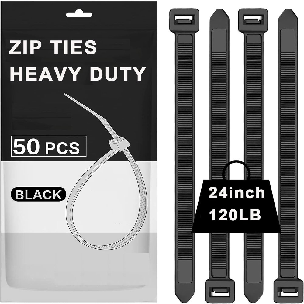 120lb Heavy Duty Zip Ties 24 inch,WLEAD 50PCS Cable Ties Strong Tensile Strength,Outdoor UV Resistant,Self-locking Industrial Durable Premium Cable Tie Assorted Size (Black,24 inch x 0.3 inch)