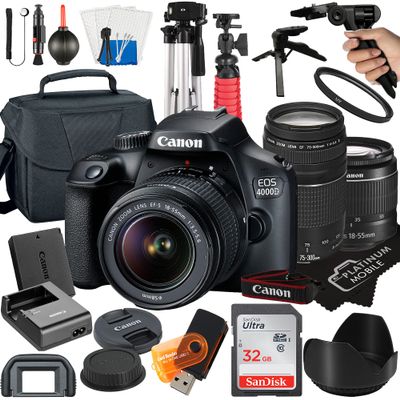 Canon EOS 4000D / Rebel T100 DSLR Camera with 18-55mm + 75-300mm Lens + SanDisk 32GB Card + Tripod + Case + MegaAccessory Bundle (22pc Bundle) (Renewed)