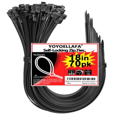 200lb Zip Ties Heavy Duty 18 Inch 70pcs, Large Black Cable Tie, Thick Heat Resistant Zipties, Big Wide Wire Ties, Industrial Tie Wraps for Outdoor Use