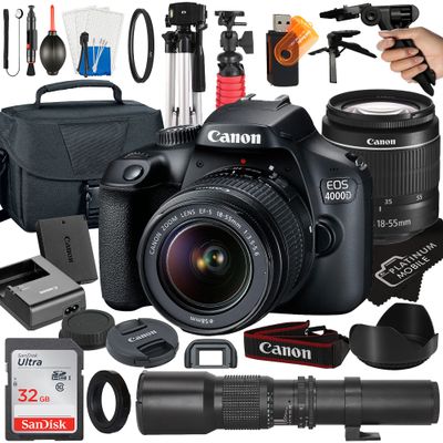 Canon EOS 4000D / Rebel T100 DSLR Camera with EF-S 18-55mm + 500mm Preset Manual Focus Lens + SanDisk 32GB Card + Tripod + Case + MegaAccessory Bundle (23pc Bundles) (Renewed)