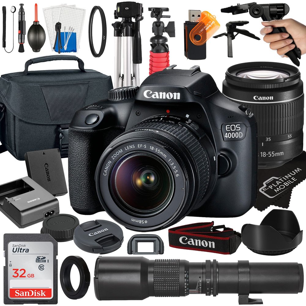 Canon EOS 4000D / Rebel T100 DSLR Camera with EF-S 18-55mm + 500mm Preset Manual Focus Lens + SanDisk 32GB Card + Tripod + Case + MegaAccessory Bundle (23pc Bundles) (Renewed)