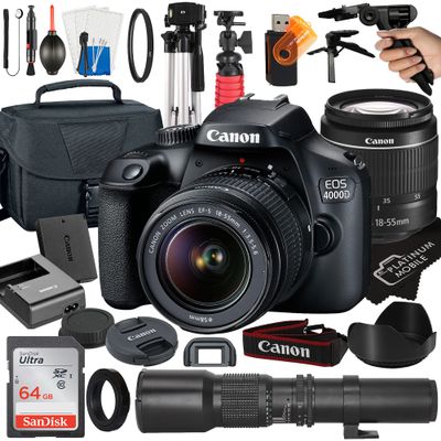 Canon EOS 4000D / Rebel T100 DSLR Camera with EF-S 18-55mm + 500mm Preset Manual Focus Lens + SanDisk 64GB Card + Tripod + Case + MegaAccessory Bundle (23pc Bundles) 500MM Preset Lens (Renewed)