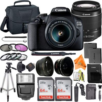 Canon EOS 2000D / Rebel T7 Digital SLR Camera 24.1MP with 18-55mm Zoom Lens + ZeeTech Accessory Bundle, 2 Pack SanDisk 64GB Memory Card, Telephoto and Wideangle Lenses, Flash, Tripod (Renewed)
