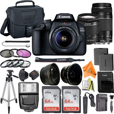 Canon EOS 4000D / Rebel T100 DSLR Camera 18-55mm & 75-300mm Lens + ZeeTech Accessory Bundle with 2 Pack SanDisk 64GB Memory Card, Case, Tripod and Telephoto & Wideangle Lenses Kit (Renewed)