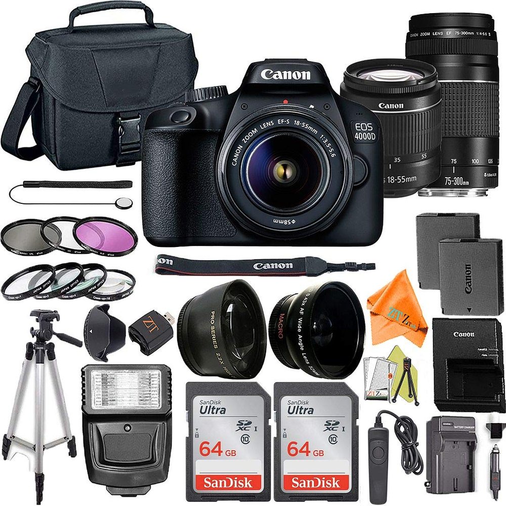 Canon EOS 4000D / Rebel T100 DSLR Camera 18-55mm & 75-300mm Lens + ZeeTech Accessory Bundle with 2 Pack SanDisk 64GB Memory Card, Case, Tripod and Telephoto & Wideangle Lenses Kit (Renewed)