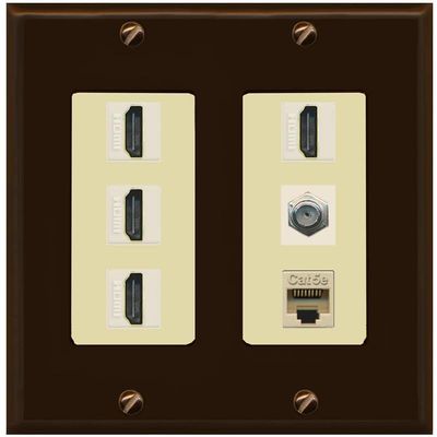 RiteAV 4 Port HDMI 1 Coax Cable TV- F-Type 1 Cat5E Ethernet Wall Plate - 2 Gang [Brown/Ivory]