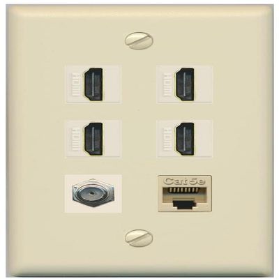 RiteAV 4 Port HDMI 1 Coax Cable TV- F-Type 1 Cat5E Ethernet Wall Plate - Flat [Ivory/Ivory]