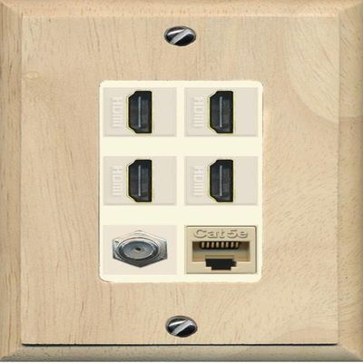RiteAV 4 Port HDMI 1 Coax Cable TV- F-Type 1 Cat5E Ethernet Wall Plate - 1 Gang [Wood/Light-Almond]