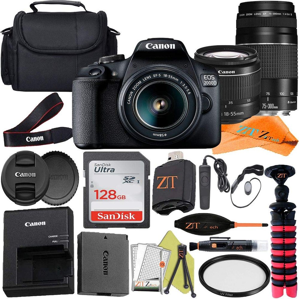 Canon EOS 2000D (Rebel T7) Digital SLR Camera 24.1MP Sensor with EF-S 18-55mm & 75-300mm Lens + ZeeTech Accessory Bundle for, SanDisk 128GB Memory Card, Case and Tripod (Renewed)