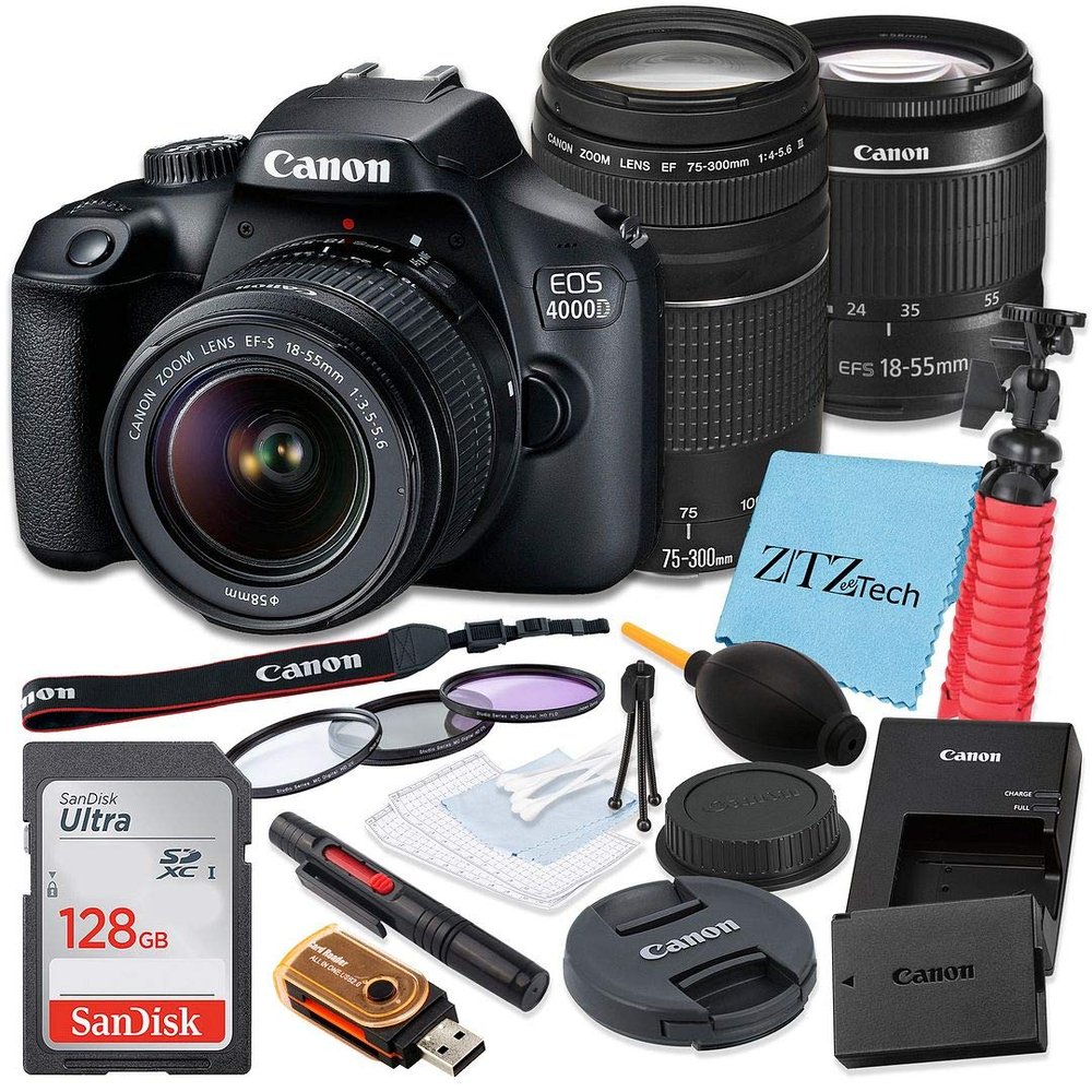Canon EOS 4000D / Rebel T100 DSLR Camera 18-55mm + 75-300mm Lens Kit, SanDisk 128GB Memory Card, Tripod, 3 Pieces Filter (UV, CPL, FLD), ZeeTech Accessory Bundle (Renewed)