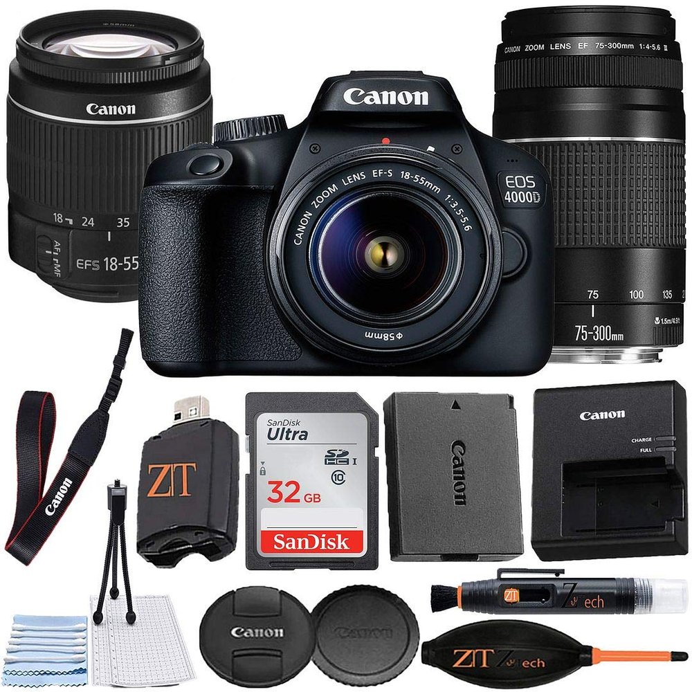 Canon EOS 4000D / Rebel T100 DSLR Camera 18-55mm & 75-300mm Dual Lens + ZeeTech Accessory Bundle with SanDisk 32GB Memory Card and Cleaning Starter Kit, High Speed Memory Card Reader (Renewed)