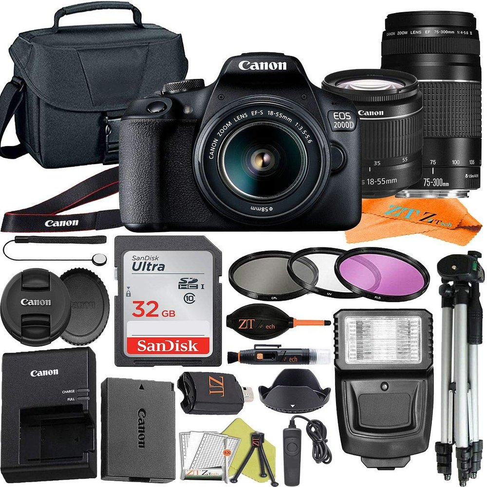 Canon EOS 2000D / Rebel T7 Digital SLR Camera 24.1MP with EF-S 18-55mm & 75-300mm Lens + ZeeTech Accessory Bundle, SanDisk 32GB Memory Card, Wire Remote Control, Case and Flash (Renewed)