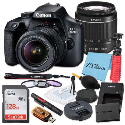 Canon EOS 4000D / Rebel T100 DSLR Camera 18-55mm f/3.5-5.6 Zoom Lens, SanDisk 128GB Memory Card, Tripod, 3 Pieces Filter (UV, CPL, FLD), ZeeTech Accessory Bundle (Renewed)