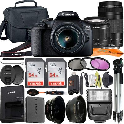 Canon EOS 2000D (Rebel T7) Digital SLR Camera 24.1MP w/EF-S 18-55mm & 75-300mm Lens + ZeeTech Accessory Bundle, 2 Pack SanDisk 64GB Memory Card, Telephoto & Wideangle Lens, Filter Kit and Case