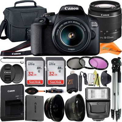 Canon EOS 2000D (Rebel T7) Digital SLR Camera 24.1MP Sensor with 18-55mm Lens + ZeeTech Accessory Bundle, 2 Pack SanDisk 32GB Memory Card, Telephoto & Wideangle Lens, Filter Kit and Case (Renewed)