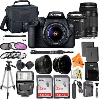 Canon EOS 4000D / Rebel T100 DSLR Camera 18-55mm & 75-300mm Lens + ZeeTech Accessory Bundle with 2 Pack SanDisk 32GB Memory Card, Case, Tripod and Telephoto & Wideangle Lenses Kit (Renewed)