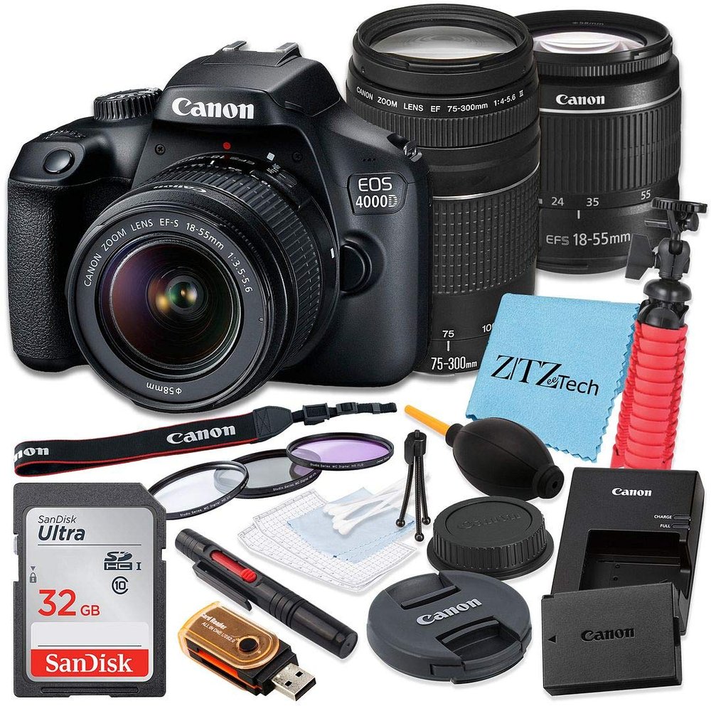 Canon EOS 4000D / Rebel T100 DSLR Camera 18-55mm + 75-300mm Zoom Lens, SanDisk 32GB Memory Card, Tripod, 3 Pieces Filter (UV, CPL, FLD), ZeeTech Accessory Bundle (Renewed)